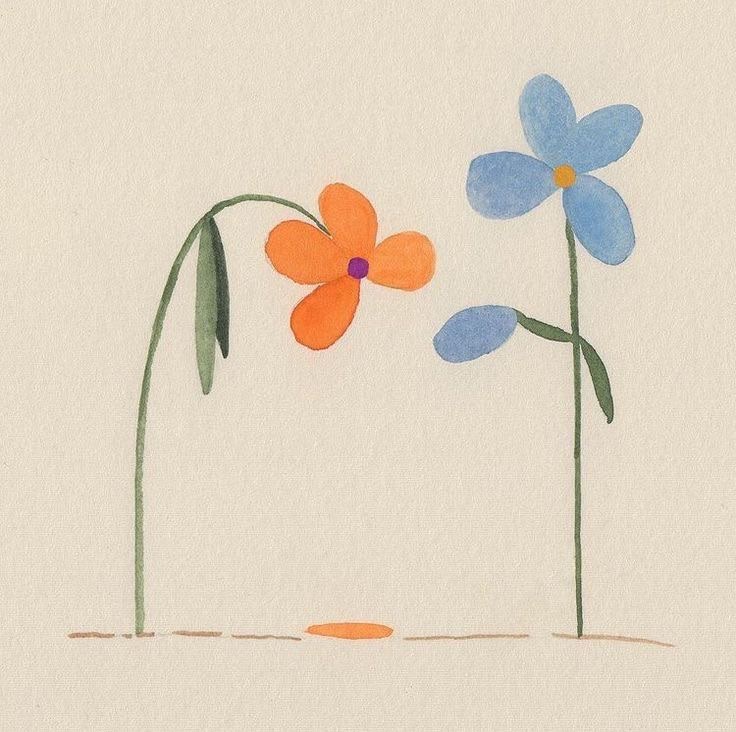 Illustrazione di due fiori, uno arancione e uno azzurro