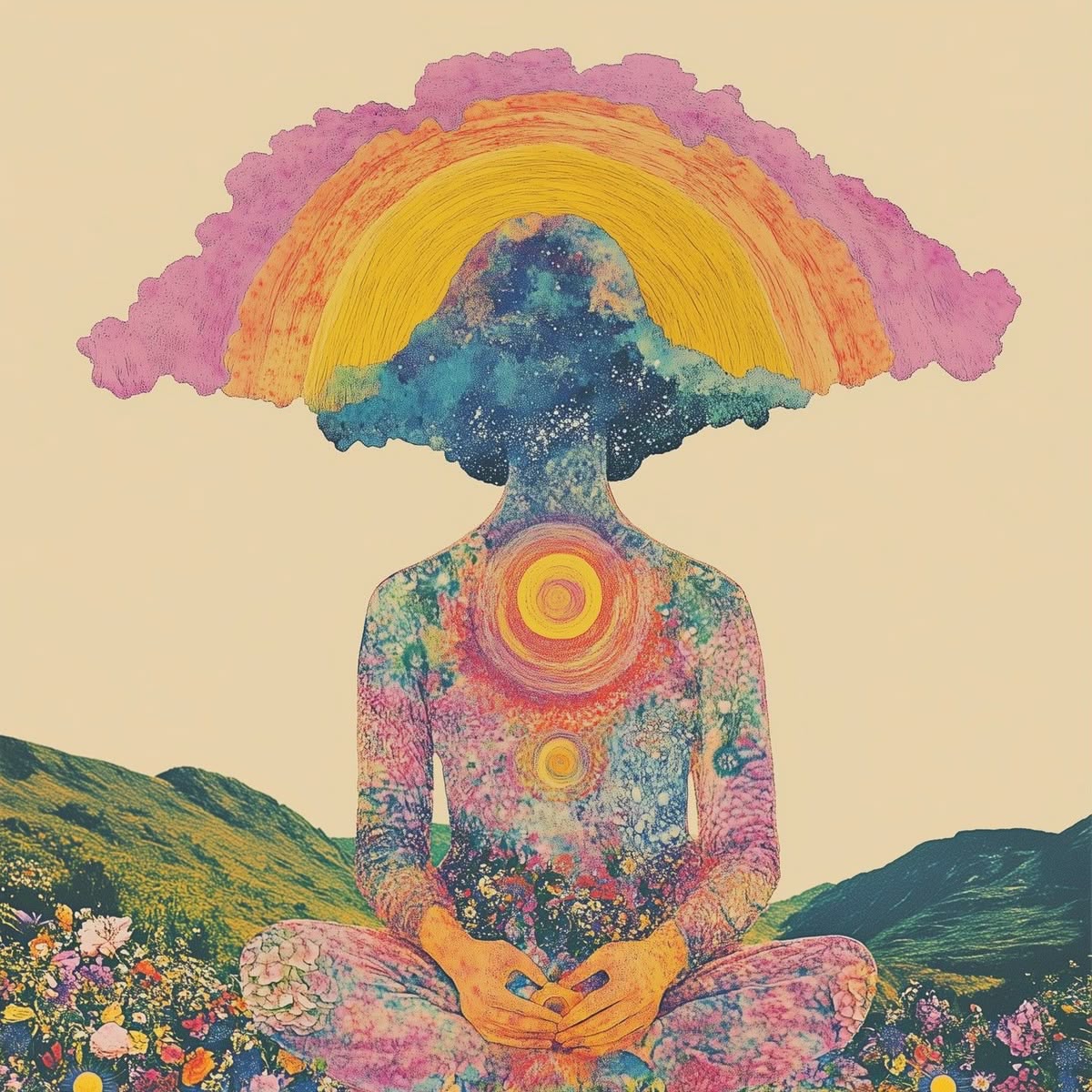 Illustrazione colorata di una persona seduta in meditazione